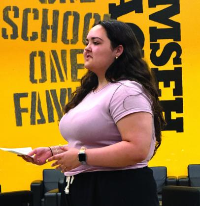THS Senior Cheyanna Dietz addressed the Tecumseh School Board on behalf of her class to request the board allow students to wear cords at graduation to signify certain accomplishments and elite memberships in clubs and organizations. Examples might include OBI donation cords, 13-year TPS students, or four-year marching band members. Julie Talton, Countywide &amp;amp; Sun
