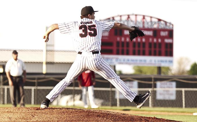 North Rock Creek's Jace Plumb prepares to fire one home in district action against Cleveland Tuesday, Apr. 15. The Cougars won 26-0 and claimed the district title. Photo courtesy of Gowin Photography
