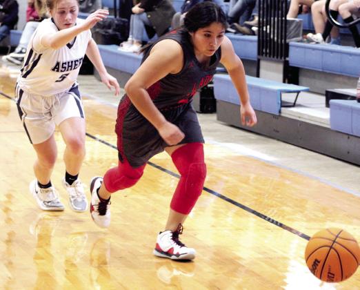 Macomb’s Yasmine Vance brings the ball down the court, as Asher’s Delanie Templeton guards her, in the third quarter of the game at Asher on Jan. 28. The Asher Lady Indians won, 47-15. Countywide &amp;amp; Sun/ Natasha Dunagan