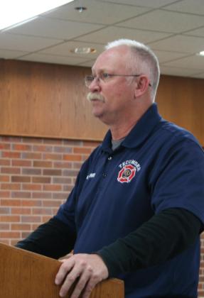 Tecumseh Fire Chief Rhett Banks presents information to the City Council regarding a proposed agreement between the Oklahoma Department of Agriculture, Food and Forestry Department of Defense and the City of Tecumseh Fire Department to accept a Zodiac Inflatable Boat. Countywide &amp;amp; Sun/Kendra Johnson