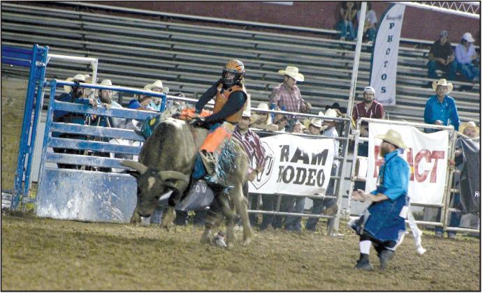 Ryker Butler of McLoud has a good ride in the final round of the International Finals Youth Rodeo on July 14. He got a score of 83.5 in that round, and won the bull riding event with 167.5 average points in three rides. Countywide &amp; Sun/Natasha Dunagan