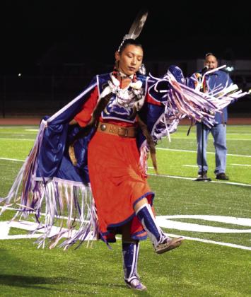 Miss Sac &amp; Fox Nation, Alivia Grass dances for the crowd during the Native American halftime performance on Oct. 3 Photos by Julie Talton, Countywide &amp; Sun
