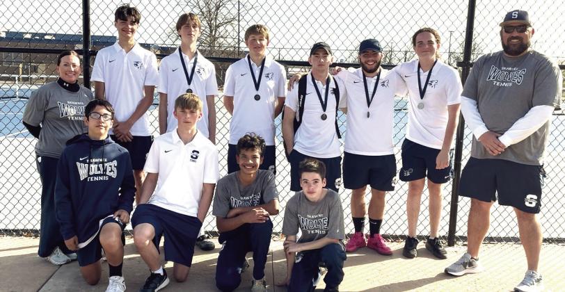 The Shawnee Boys Tennis Team competed at their Shawnee Invitational on March 13 and placed fourth overall as a team. Shown, front row from left, are Lucas Chakenatho, Connor Taylor, Eddie Kellogg, William Hennen, back row from left, Coach Keli Kinsey, Grady Smith, Anthony Newsom, Jack Timmons, Benjamin Cole, Bryce Comstock, Samuel Thomas and Coach Tyler Harrison. Photo provided by SPS