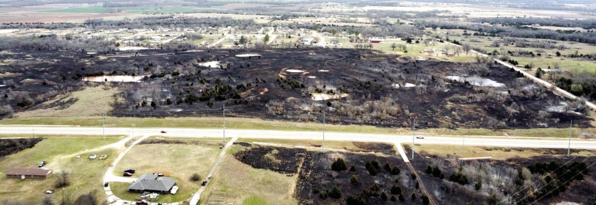 Drone operator Carson Cannon captures an arial view of the fire damage where it jumped Hwy. 102 and moved toward Steelman Estates. Photo courtesy of Carson Cannon