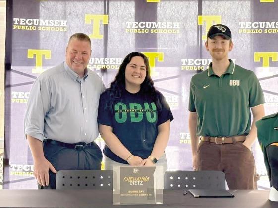 Tecumseh Senior Cheyanna Dietz, center, signed on April 7 with OBU's Bison Brigade, where she will play Baritone. Also shown are THS Band Director John Outon, left, and OBU Assistant Band Director Gavin Strickland. Photo Provided. Click on the camera banner ad below to see all the photos taken by Natasha Dunagan, Countywide &amp; Sun.
