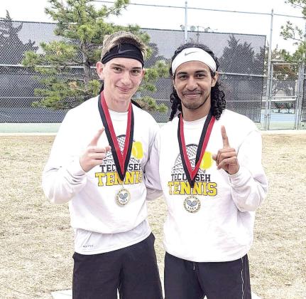 Tecumseh High School tennis players Jacob Kuhn and Taekwan Krush pose after winning first place in 2 Doubles during the Pauls Valley Tournament at Westwood on March 7. Kuhn and Krush also placed fourth in 1 Doubles at the Shawnee Invitational on March 10. Photo provided.