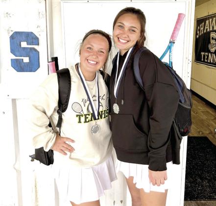 Tecumseh 1 Doubles team Elise Whitney and Jalee Meyers pose after winning second place in the Shawnee Invitational on March 10. They also placed third in 1 Doubles at the Pauls Valley Tournament on March 7. Photo provided.