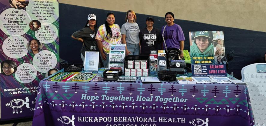 Shawnee Public Schools in collaboration with Kickapoo Behavioral Health, the Absentee Shawnee Tribal Opioid Response team, and Gateway to Prevention &amp;amp; Recovery set-up naloxone distribution tables at every home football game this season. Pictured above, Cindy Bartley, Shawnee Public Schools Coordinator of Prevention Services is pictured with Kickapoo Behavioral Health, and Melissa Baptiste. Photo probided by SPS