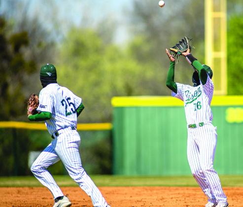 OBU’s Jose Parga catches the popup fly for the out in action against Arkansas-Monticello Saturday, Mar. 18, at Bobby Cox Field. Photo provided by OBU