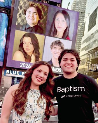 Lillian Clark of Norman North High School and Cooper Lincoln of North Rock Creek High School pose in Times Square as their photos are displayed on billboards, during their recent trip to NYC and the Jimmy Awards on June 18. These two represented Oklahoma as the winners of the Kelli O'Hara Awards sponsored by OKC Broadway. Photo Provided