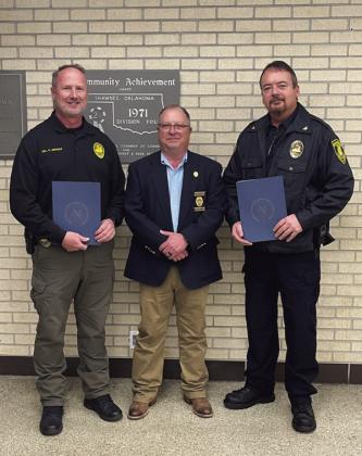 Kevin McCullough, the Law Enforcement Specialist for the Oklahoma Municipal Assurance Group, who also serves as the Chair of the Oklahoma Law Enforcement Accreditation Commission presented the Shawnee Police Department with the renewal of our agency’s accreditation. Pictured above from left are Chief Mason Wilson, Mc-Cullough, and Cpl. Kevin Nichols.