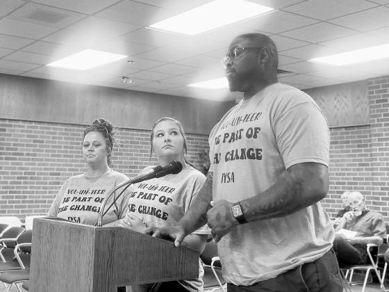 Tecumseh Youth Sports Association (TYSA) officers (pictured from left) Secretary Many Shelby, Vice President Jamee Crothers and President Ed Carey address the Tecumseh City Council during a discussion about the contract with the Association.