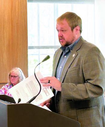 McLoud City Manager Cody Roe presents information to the Pottawatomie County Board of County Commissioners as part of the process required for the use of ARPA money. The information presented Tuesday is for the water tower project in McLoud. Countywide &amp;amp; Sun/ Suzie Campbell