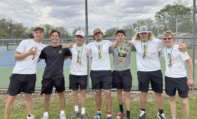 The Tecumseh Savage Tennis Team placed fourth at the Seminole Tennis Tournament on April 8. Jaxon Kuhn and Noah Henson, in #1 Doubles, came in first place, and Ted Belshe and Jessy Thoma, in #2 Doubles, received second place. Both #1 Singles Matthew Breed and #2 Singles Landyn Ashby placed fourth, and Marco Espinoza, as an extra in the singles bracket, placed fifth. Photo provided.
