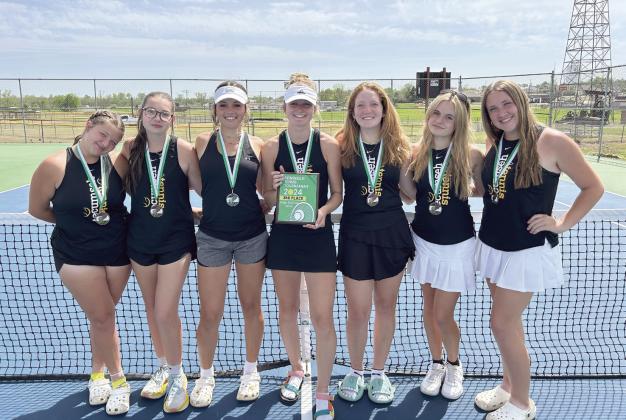 The Tecumseh Lady Savage Tennis Team placed third in the Seminole Tennis Tournament on April 8. Kyann Sells, in #1 Singles, placed second, and Amanda Magill, in #2 Singles, also came in second. Third place went to both #1 Doubles team Sidney Hinkston and Avery Renken and #2 Doubles team Kalyn Bartmess and Lili Lowden. Photo provided.