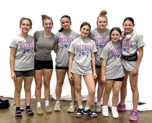 Members of the Bethel Girls Powerlifting team pose for a quick photo. Picttured from left are Stohri Rhynalds, Paityn Seiger, Makenzie Sullivan, Amanda Burleson, Jacyie Carter, Kinley Dunsworth, and Evva Baker. Not pictured are Emiry Blizzard, Gracie Mayo, and Rylee Johnson. Photo provided by Coach Joey Ginn