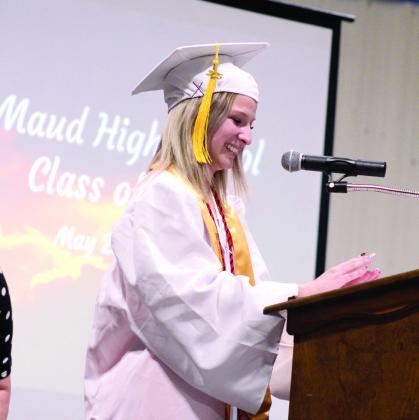 Maud High School Valedictorian Shaelynn Fletcher speaks to her fellow graduates, 'All we wanted was to grow up,' but she reminded them to 'stop and enjoy what is happening right now.' Natasha Dunagan, Countywide &amp;amp; Sun