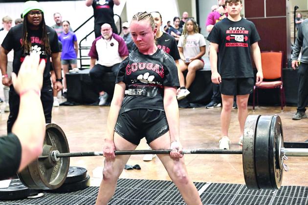 North Rock Creek's Molly Campbell placed fourth in squats, and set an Oklahoma state record deadlift of 365 pounds. She placed second in High School in the 150-weight class, with a total weight of 760 pounds. Photo courtesy of Gowin Photography
