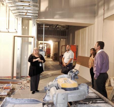 Bethel Principal Tammy Cook takes members of the School Board on a tour of the new Upper Elementary. Pictured from left are Cook, David Elmore, Susan Watson, and Brandon Bussell are in the lobby (entry) of the school..