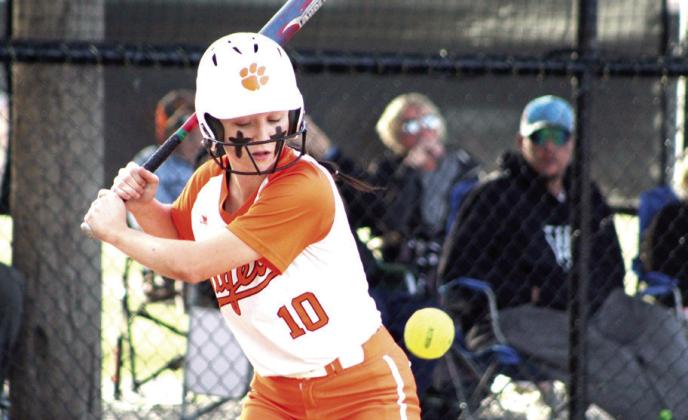Maud’s Maddie Dustman keeps her eye on the ball during the home slow pitch game with Pittsburg on March 31. The Lady Tigers won that game, 8-2, and they have also won five games since then. Countywide &amp;amp; Sun/Natasha Dunagan