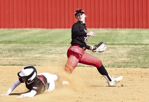 North Rock Creek’s Haley Hacker gets the out at 2nd during the double header Friday, Apr. 7. Photo courtesy of Gowin Photography