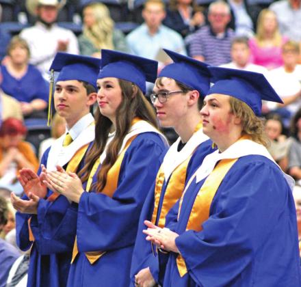 Pictured right, Bethel’s four valedictorians are recognized during their Graduation on May 21 at FireLake Arena. Shown are, from left, Brady Gardner, Kassidy Depuy, Craig Bourlon, and Thomas Gilpin. Bethel’s Class of 2022 had 63 graduates.
