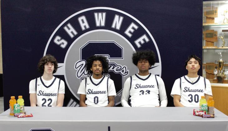 Shawnee High School held a Media Day for the Wolves basketball team on Jan. 21. Following photos, 11 varsity players were available to answer questions about the season. Shown, from left, are Edan Litherland, Daytain Patton, Aidon Siqueiros and Aaron Wilson. Countywide &amp; Sun/Natasha Dunagan