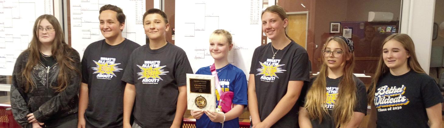 Bethel eighth- and ninth-graders Aubrey Cobb, Jayden Hubler, Landon Swegheimer, Halle Carter, Sadie Lee, Amelia Wilson and Jacie Vasquez won first place at the Oklahoma Junior Academic Bowl recently. Photo provided