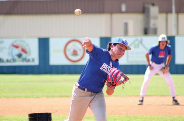 Bethel’s Kord Johnson pitches during the First Annual Pottawatomie County Prospect Camp, held at Bethel on June 27. Bethel Coach Lincoln Dearing organized the camp, where college representatives could come to watch area baseball players.