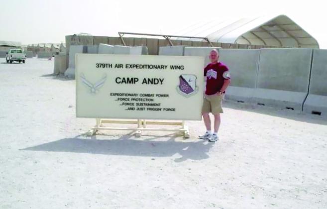 In 2004, J.D. Sanders poses by the sign for the 379th Air Expeditionary Wing’s “Camp Andy” at Al Udeid Air Base in Qatar, which was named for “Master Sgt. Evander E. “Andy” Andrews, the first American serviceman to lose his life in support of Operation Enduring Freedom,” according to the U.S. Air Forces Central website. In the Air National Guard, Sanders served in Qatar and Saudi Arabia during the Persian Gulf War, working on the Logistics Readiness Squadron, shipping needed items to the front lines.