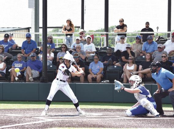 Seminole's Jordyn Moody watches the ball come in during the May 15 game against Eastern. Seminole pulled off the win, sending Eastern into the losers' bracket. Seminole went on to win the NJCAA South Central District Tournament, held at FireLake Ball Fields, and will continue on to Nationals in Alabama. Julie Talton, Countywide &amp; Sun
