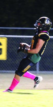 Tecumseh senior Zant Shirey puts on the brakes in the endzone for a touchdown in the fourth quarter of the district home game with Chickasha on Oct. 25.