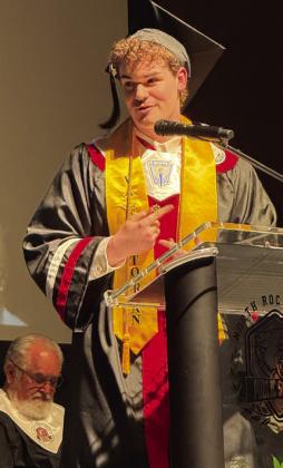 Cody Jones gave the Senior Speech at North Rock Creek's Graduation and advises fellow students, "Instead of asking youreself, 'Who am I going to become? What's my job going to be? What am I going to be?' You can ask, 'What am I willing to explore? How can I stretch myself? How can I challenge myself? How can I change for the better?' and in doing so, you don't just become that one thing, you become many things."