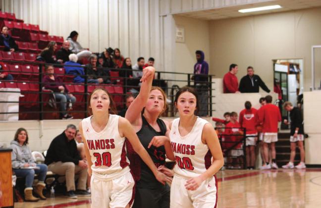Macomb’s #12, Hannah Denney, takes a shot during the Lady Hornet’s Jim Walling Invitational tournament loss against Vanoss, 18-54. The Lady Hornets lost their second tournament match 23-47 to Stuart.