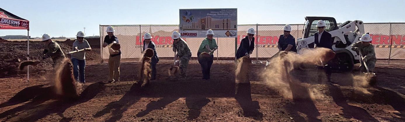 A ceremonial groundbreaking was held on the west side of the Shawnee Airport. This is the location of the new Oklahoma Military Department's Shawnee Rediness Center. Pictured from left are Lt. Col Montana Dugger, Shawnee City Commissioner Chris Odneal, Michael Hagan, Sen. Shane Jett, Maj. Gen. Thomas Mancino, Rep. Dell Kerbs, Matt Simpson, Shawnee City Manager Mark Simpson, and State Sgt. Maj. John Hernandez. Suzie Campbell, Countywide &amp;amp; Sun