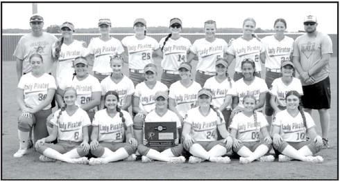 The Dale Lady Pirates and their coaches pose after winning the Class 2A Regional Championship on Sept. 21. They will play at home in the Super Regional two-out-of-three tourmament today (Sept. 28) at 2 and 4 pm, and at noon on Friday, if necessary.