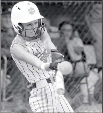 Maud’s Janlee Impson hits a double during Class B District Tournament action against Varnum on Sept. 21. Maud won all three of their district games - one with Varnum and two with New Lima - to become District Champions. The Lady Tigers will play in the Class B Regional Tournament today (Sept. 28) in Mount View-Gotebo at noon and 6 pm and on Friday (Sept. 29) at 2 and 4 pm, if necessary.