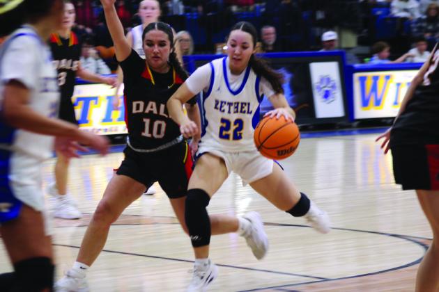 Bethel senior Ava Gascon drives to the basket, while Dale freshman Addison HIll guards her, during the Jan. 20 game at Bethel. The Lady Pirates won 59-40. Photos by Natasha Dunagan, Countywide &amp;amp; Sun