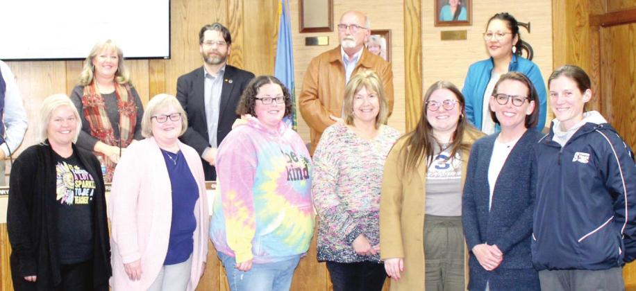 The 2021-2022 Shawnee Building Teachers of the Year were recognized at the March 7 Board of Education meeting. They are, front row from left, Brandy Swinford, Shawnee Early Childhood Center; Thresa Swadley, Jefferson Elementary; Trina Waller, Sequoyah Elementary; Chandra Swisher, Will Rogers Elementary; Kayla Hutcheson, Shawnee Middle School; Dacia Jordan, Shawnee High School; and, Sara Branson, Jim Thorpe Academy. Kacie Hair, of Horace Mann Elementary, was not present. Countywide &amp;amp; Sun/Natasha Dunagan