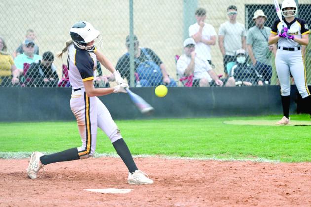 Tecumseh sophomore Haley Mansell smashes the ball during the Class 5A Slow Pitch Regional game, held at Tecumseh on April 28. Photo courtesy of Kenetta Lisenbee