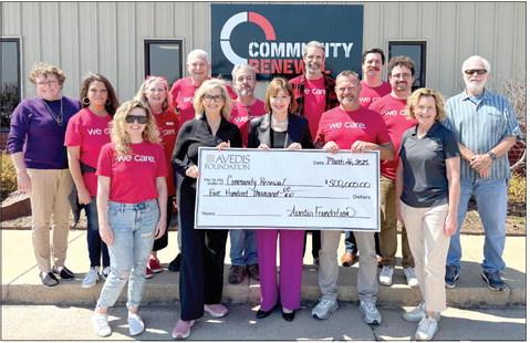 Staff from Community Renewal and Avedis Foundation together with Jill Spencer, Board Chair Avedis Foundation, Dr. Kathy Laster, President &amp; CEO Avedis Foundation, Brandon Dyer, Executive Director Community Renewal, and Dr. Steve Trotter, Board Member Avedis Foundation, pose for a photo as they are presented a check for $500,000 for 2025. Photo provided by Avedis Foundation