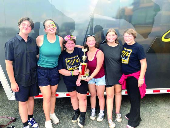 Tecumseh Color Guard members, Levi Carter, Adelaide Lack, Kimberlynn Harris, Emma Wilson, Cydny Stell and Kaitlyn Stell, take home second place in the Best Color Guard in 4A category at the Oklahoma State Fair Marching Band Parade Contest on Sept. 15. Photo Provided