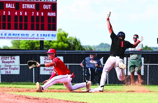 North Rock Creek took on Meeker Tuesday night, June 25, 2024, at NRC. Meeker’s runner stretches to beat the throw to first. The Cougars split with the Bulldogs. NRC varsity won 12-4 and the Bulldogs JV won 9-1.