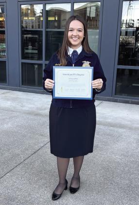 Morley Griffith, of Dale, poses with her American FFA Degree, the highest honor one can achieve in the organization. Photo provided.