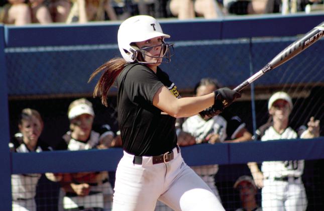 Tecumseh’s Bristin Hayes hits a single in the fifth inning of the Class 4A State Fastpitch Championship against Lone Grove on Oct. 15 at the USA Softball Hall of Fame Complex. The Lady Savages brought home the Runner-Up trophy, losing 0-3. Countywide &amp;amp; Sun/Natasha Dunagan