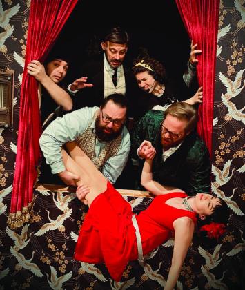 Getting an unconscious body offstage causes problems in SLT’s “The Play That Goes Wrong”. Left to right from the top are Tanner Rippee, George Wright and Elizabeth Sidler. On the front row is Eric Strimple, Jill Fry and Tom Dahlman. Photo provided
