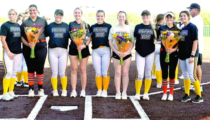 Tecumseh High School Slow Pitch Senior Night was celebrated on April 21 at FireLake Ball Fields. They honored seniors from both Tecumseh and the visiting team of Cushing. Lady Savages, shown in 'Senior 2025' T-shirts from left, are Alyssa Norton, Jessi Hull, Katie Overstreet, Aleigha McCullough, and Kynlee Donaghey. Photo courtesy of Kenetta Lisenbee