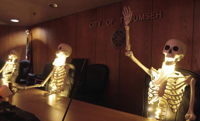 Inside the Tecumseh City Council Chambers haunted house, lit-up skeletons sat in the place of council members, some with beards like their counterparts, during the Tecumseh Business Treat 'r Treat on Oct. 31. .