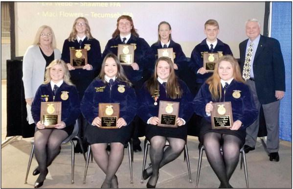 This year’s recipients of the Gordon Richards, Sr. Achievement Award sponsored by the Clinic Pharmacy are seated from left to right, Berklee Gossen, North Rock Creek, Morley Griffith, Dale, Maci Flowers, Tecumseh and Madison Bickel, McLoud. Standing left to right are, Jamie Barrick, of The Clinic Pharmacy, Eva Web, Shawnee, Colton Ingersoll, Bethel, Kurstin Kuhlman, Asher, Tyler Denney, Macomb and Gordon Richards, Jr., who helps sponsor the award. Photo by Countywide &amp;amp; Sun/Suzie Campbell