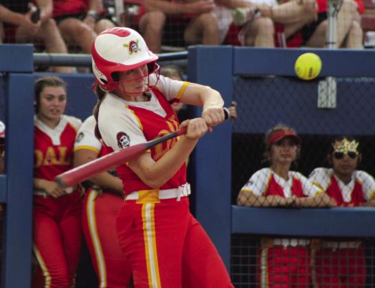 Dale's Makenzie Ellis keeps her eyes on the ball in the sixth inning of the Class 4A Slow Pitch State Championship against Silo on April 30. That day, they beat Stroud, 15-1, and Latta, 14-5, but fell to the #4-ranked Silo, 4-14. The Lady Pirates end their season as the Class 4A State Runners-Up, with a record of 33-9.  Countywide &amp; Sun/Natasha Dunagan